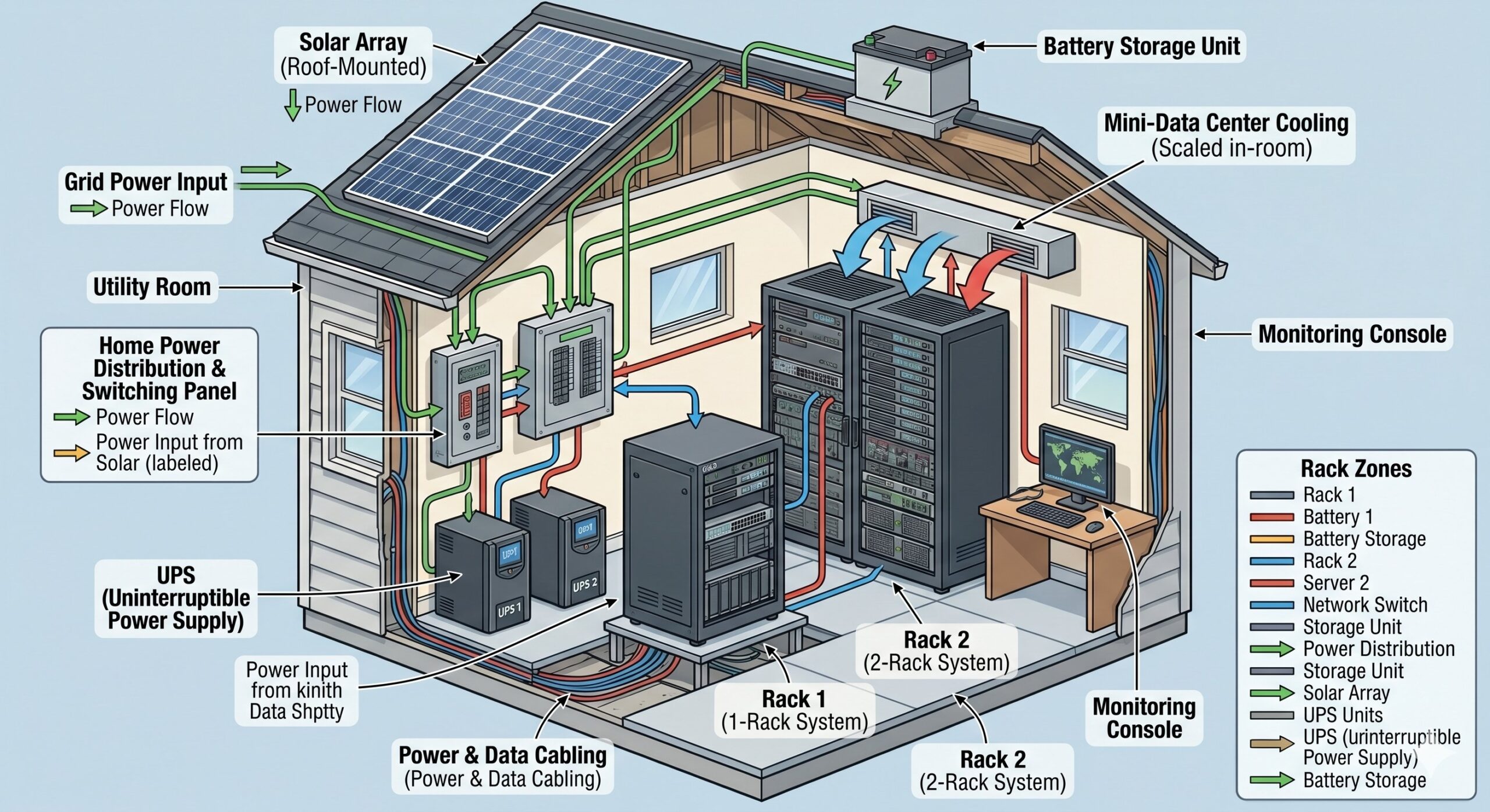 ThIRU Community Centre Data Centre — full-house cross-section with rack systems, UPS, solar array, monitoring console