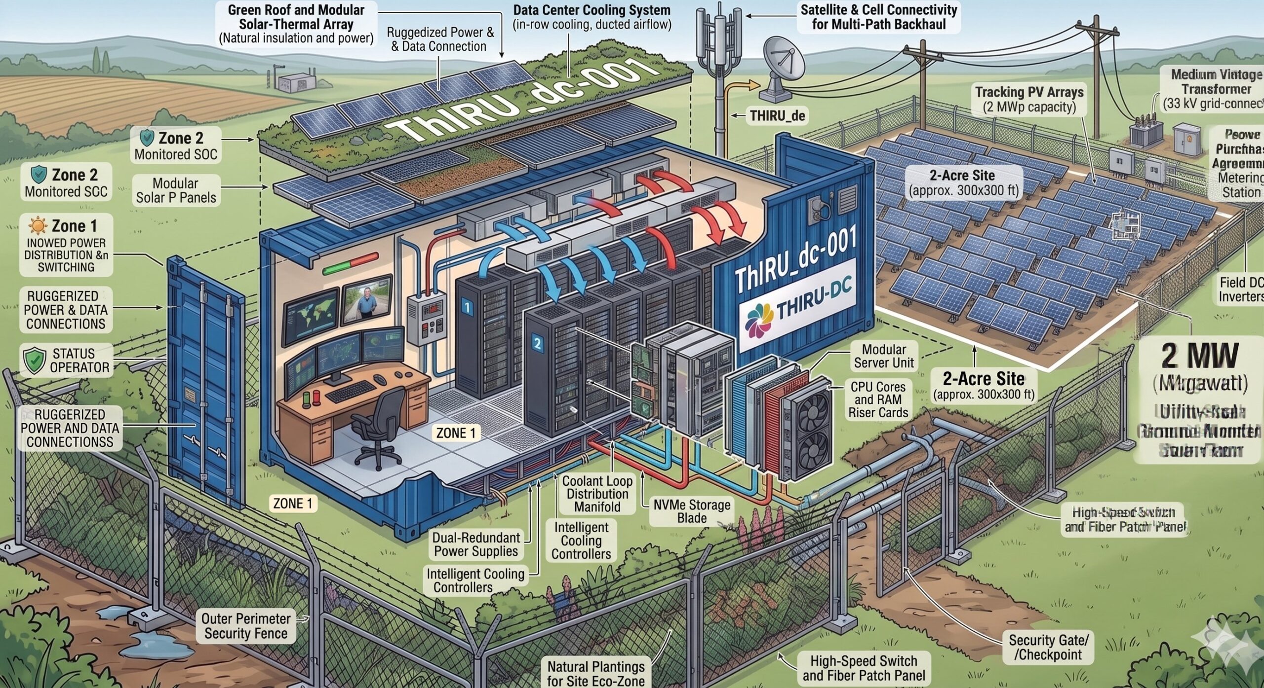 ThIRU Container Data Centre — solar-powered, green roof, modular, ruggedized for rural and remote deployments