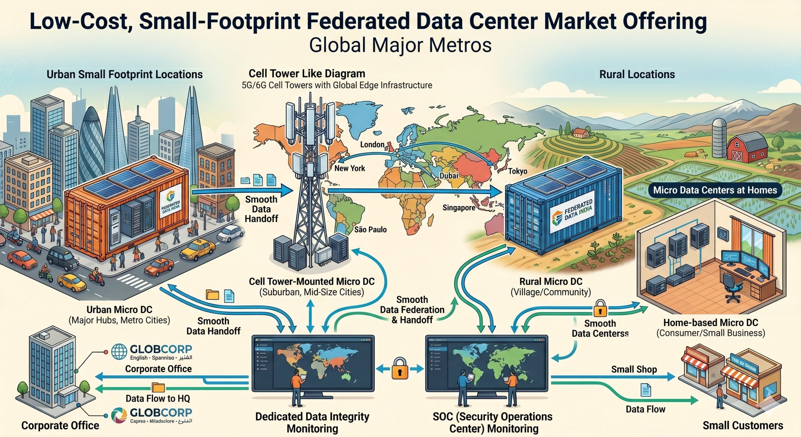 Federated data centre network diagram showing urban micro DC, containerised edge, rural micro DC, home DC, SOC monitoring, and smooth data federation across India