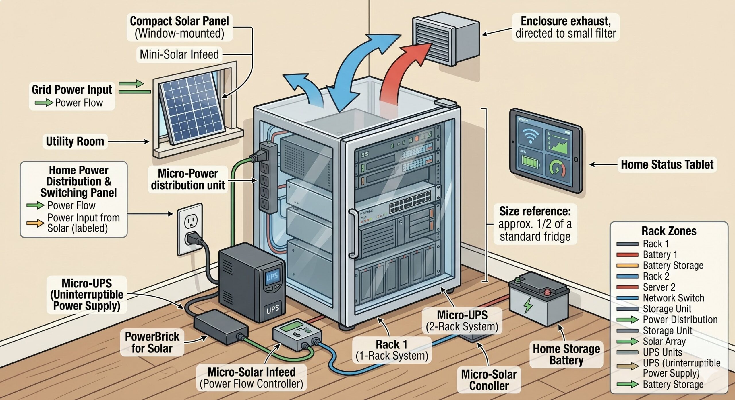ThIRU Home Data Centre — compact rack enclosure with solar infeed, micro-UPS, home storage battery, and status tablet